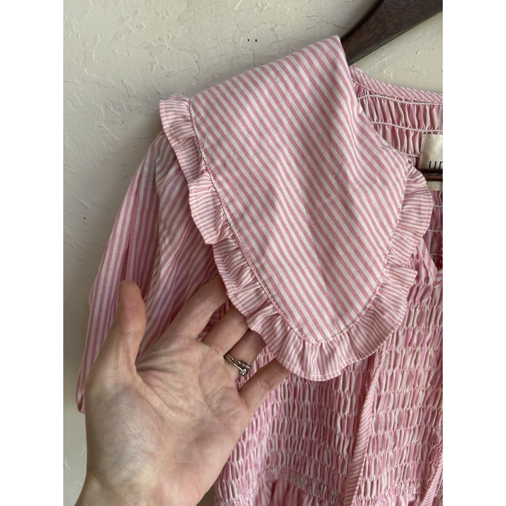 Umgee Striped Smocked Mini Dress NWT L Pink Peter Pan Collar Ruffle Coquette - Picture 5 of 11